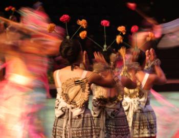 blurry image of three girls, back turned to camera, holding flowers overhead