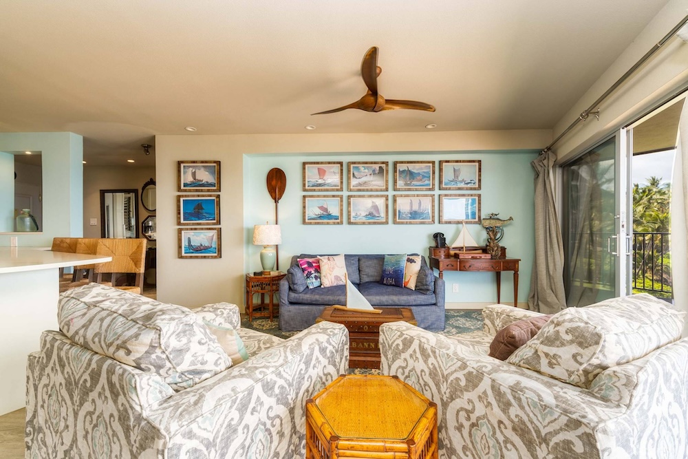 living room of maui vacation rental from Bello Realty, Inc.,